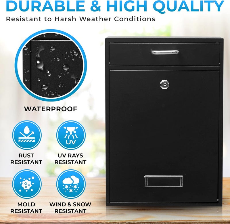 Yulli Wall Mounted Locking Vertical Dropbox Mailbox - Safe and Secure (Large) | Made with Galvanized Steel (Black) - Image 2